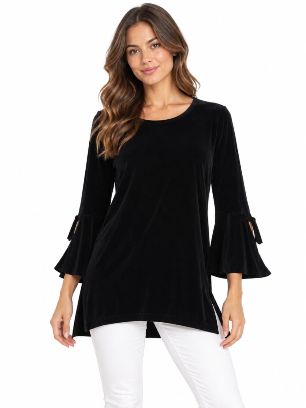CLARA SUNWOO Black Bell Sleeve Tunic Top Side Slit Tie Sleeve Travel Size Small